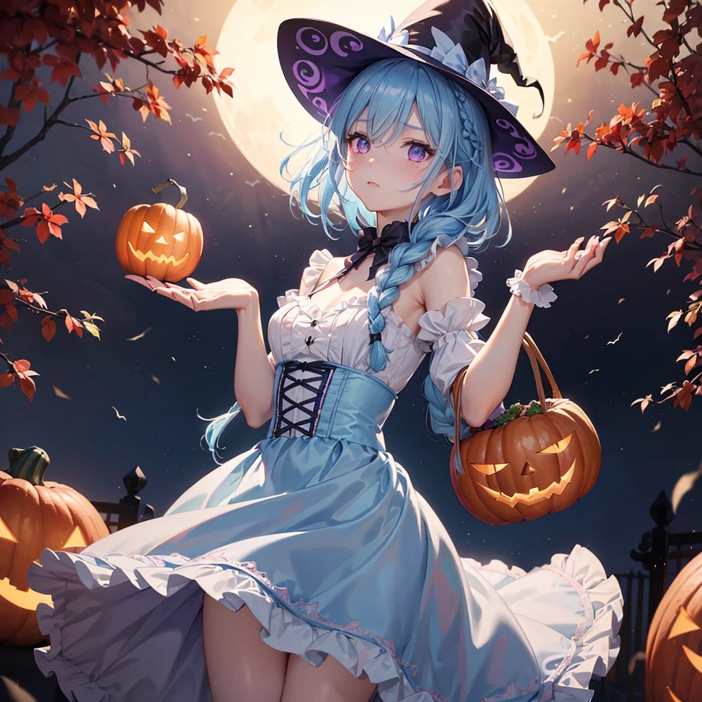 (Light blue medium hair:1.2),(Braided hair:1.2)、Pink eyes、Fair skin、cowboy shot、Halloween、The background is a pumpkin ghost、Crescent Moon、Trick or Treat、A lot of sweets、witch、Halloween night、Candy、many bat、Condescending expression、solo、(masterpiece、Highest quality、Very detailed、Best Shadow)、(Detailed Background)、(Beautifully detailed face)、High contrast、(Best lighting、Very delicate and beautiful)、(Cinematic Light)、colorful、Hyper Detail、Dramatic Light、Exquisite detail、