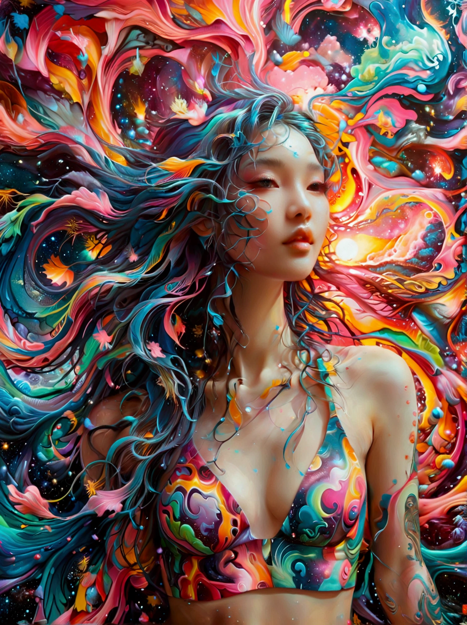 (Psychedelic painting of a beautiful girl standing in front of a colorful swirl:1.5), (Hip-hop pose:1.9)，Official Art，(Aesthetics and aesthetics:1.2)，(Fractal Art:1.3)，(Chinese girl&#39;s facial features，Extremely beautiful facial features:1.8)，Elegant dress，(Front view:1.9)，(Top photographers shoot full body shots with wide-angle lenses:1.5)，Looking at the audience，(Rainbow hair，Hair color，Half blue and half pink hair:1.2)，water，liquid，cloud，Bright colors，Like a star，masterpiece，Best quality，Anatomically correct，Textured Skin，Super Detail，8k，high resolution，Vibrant colors, Thick Line, wave, Multi-layer, prospect, view, fractal thunder dan mumford , Dan Mumford and Alex Grey Styles, Inspired by Cyril Rolando，Psychedelic Surreal Art, Surreal psychedelic design, Dream Art Style,  Psychedelic Art, Infinite psychedelic waves