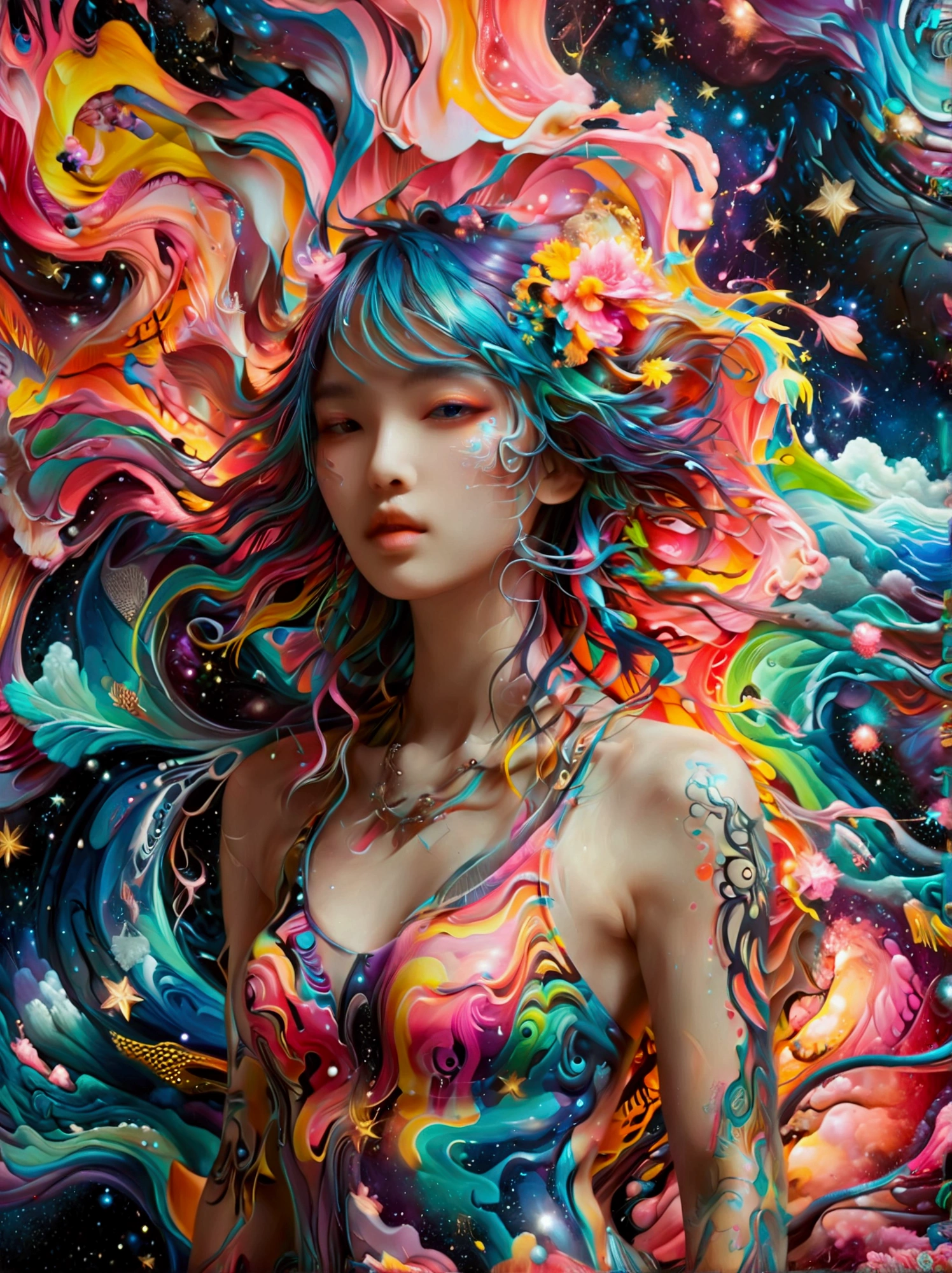 (Psychedelic painting of a beautiful girl standing in front of a colorful swirl:1.5), (Hip-hop pose:1.9),Official Art,(Aesthetics and aesthetics:1.2),(Fractal Art:1.3),(Chinese girl's facial features,Extremely beautiful facial features:1.8),Elegant dress,(Front view:1.9),(Top photographers shoot full body shots with wide-angle lenses:1.5),Looking at the audience,(Rainbow hair,Hair color,Half blue and half pink hair:1.2),water,liquid,cloud,Bright colors,Like a star,masterpiece,Best quality,Anatomically correct,Textured Skin,Super Detail,8k,high resolution,Vibrant colors, Thick Line, wave, Multi-layer, prospect, view, fractal thunder dan mumford , Dan Mumford and Alex Grey Styles, Inspired by Cyril Rolando,Psychedelic Surreal Art, Surreal psychedelic design, Dream Art Style, Psychedelic Art, Infinite psychedelic waves