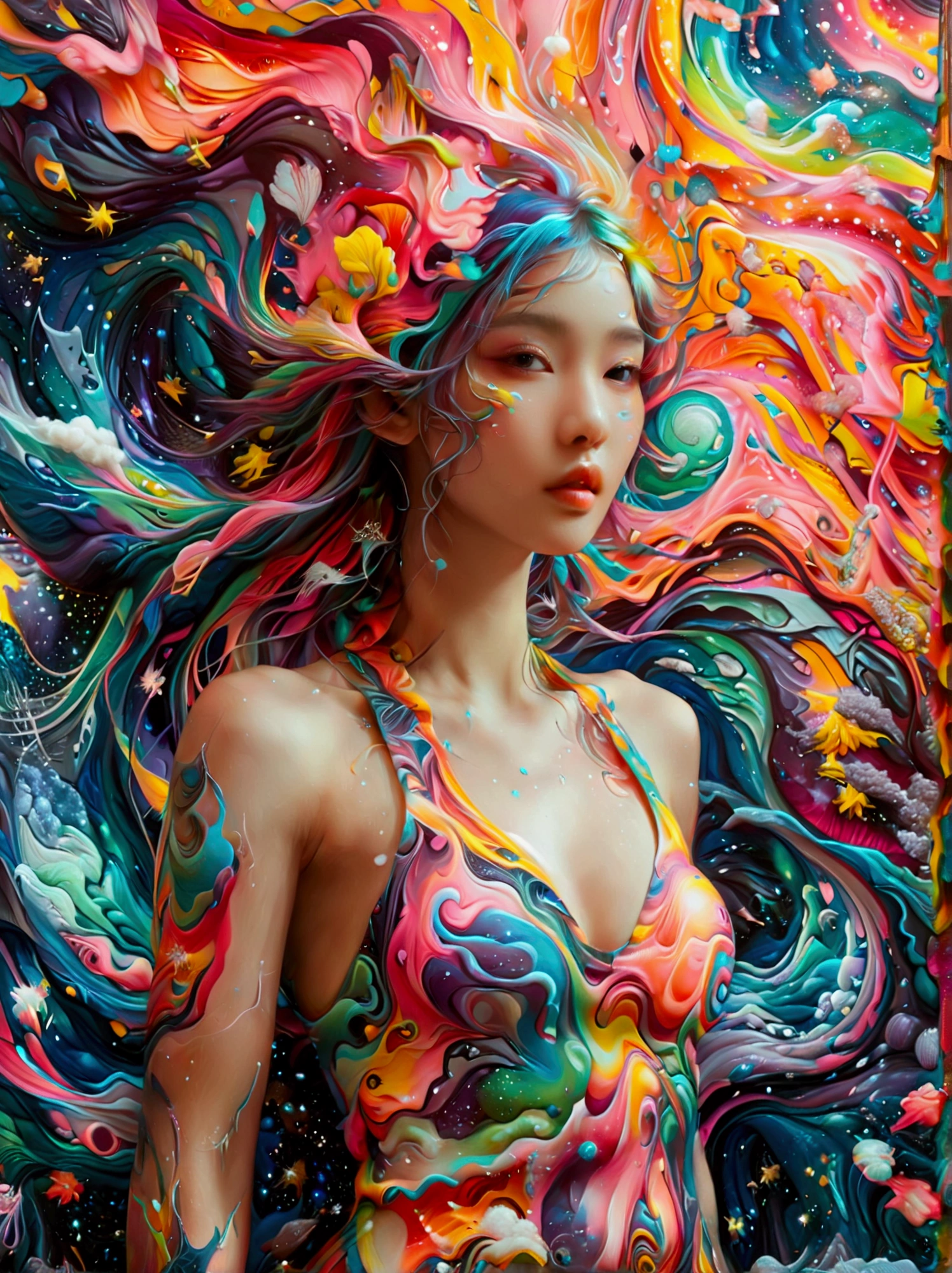 (Psychedelic painting of a beautiful girl standing in front of a colorful swirl:1.5), (Hip-hop pose:1.9)，Official Art，(Aesthetics and aesthetics:1.2)，(Fractal Art:1.3)，(Chinese girl&#39;s facial features，Extremely beautiful facial features:1.8)，Elegant dress，(Front view:1.9)，(Top photographers shoot full body shots with wide-angle lenses:1.5)，Looking at the audience，(Rainbow hair，Hair color，Half blue and half pink hair:1.2)，water，liquid，cloud，Bright colors，Like a star，masterpiece，Best quality，Anatomically correct，Textured Skin，Super Detail，8k，high resolution，Vibrant colors, Thick Line, wave, Multi-layer, prospect, view, fractal thunder dan mumford , Dan Mumford and Alex Grey Styles, Inspired by Cyril Rolando，Psychedelic Surreal Art, Surreal psychedelic design, Dream Art Style,  Psychedelic Art, Infinite psychedelic waves