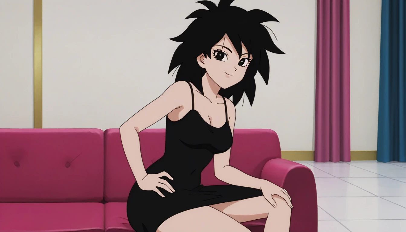 source_anime, score_9,score_8_up, score_7_up, ginedb, anime screencap, 1girl, solo, looking at viewer, smile, medium breasts, black hair, bare shoulders, medium breasts, cowboy shot, medium hair, black eyes, spiked hair, eyelashes, masterpiece, best quality, very aesthetic, 8k, absurd res, smile, lying on side, collarbone, spaghetti strap, skin tight black dress, sleeveless, one hand on hip, ballroom, pink couch, indoors, perfect quality,