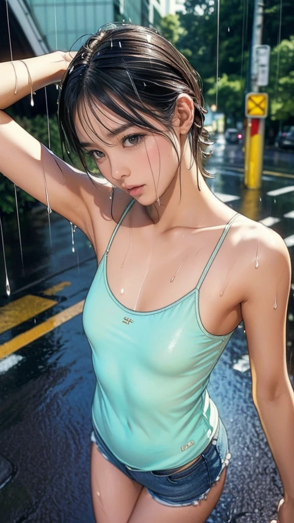 ((masterpiece,Highest quality;1.3,Best illustrations)), ((get wet:1.5)), (Raise your arms, Please show me your armpits:1.3), (Beautiful breasts, Large Breasts), Cowboy Shot,1 girl、、alone,((very small head:1.5)),Black Hair, Bobcut, Open forehead, short hair,((Toned body, Slender body, skinny)),Glowing Skin, Glowing Skin, Oily skin, (Soaked in the rain、camisole、Micro Shorts)、heavy rain、rain、on the road,Tokyo,