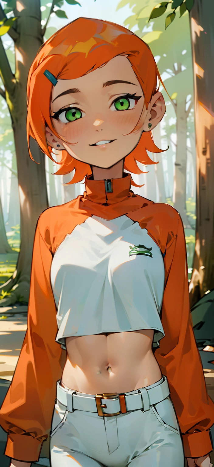 (Masterpiece), Best Quality, ultra-detailed, 1girl (Gwendolyn_Tennyson, breasts, orange hair, short hair, green eyes, half-closed eyes), a charming face, smile,  parted lips,  looking at viewer, solo, long sleeves, navel, belt, white pants, forest, walk,  charming walking, 