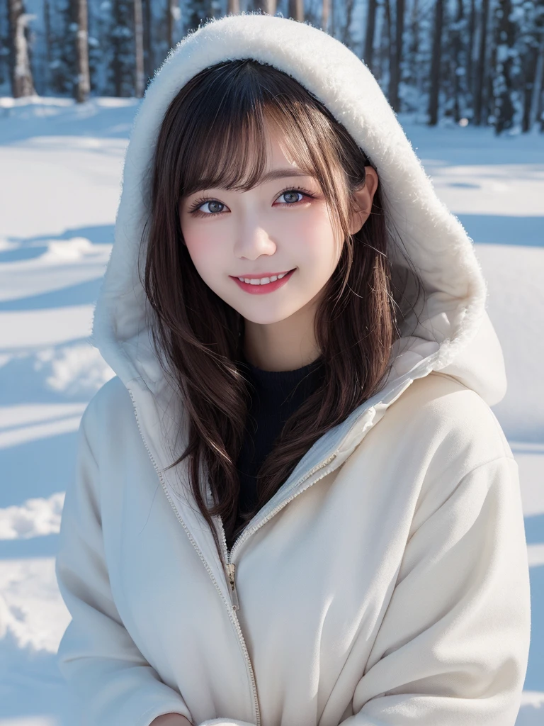 Best-quality, Masterpiece, Ultra-High-Resolution, (Photorealistic:1.4), Raw-Photo, 1girl, the most famous Japanese idol, wearing winter-coat, hands on hip, innocent-smile, extremely beautiful skins, extremely beautiful big-eyes, extremely beautiful hair, extremely cute face like the most popular Japanese idol, extremely beautiful long-eyelashes, extremely beautiful lips