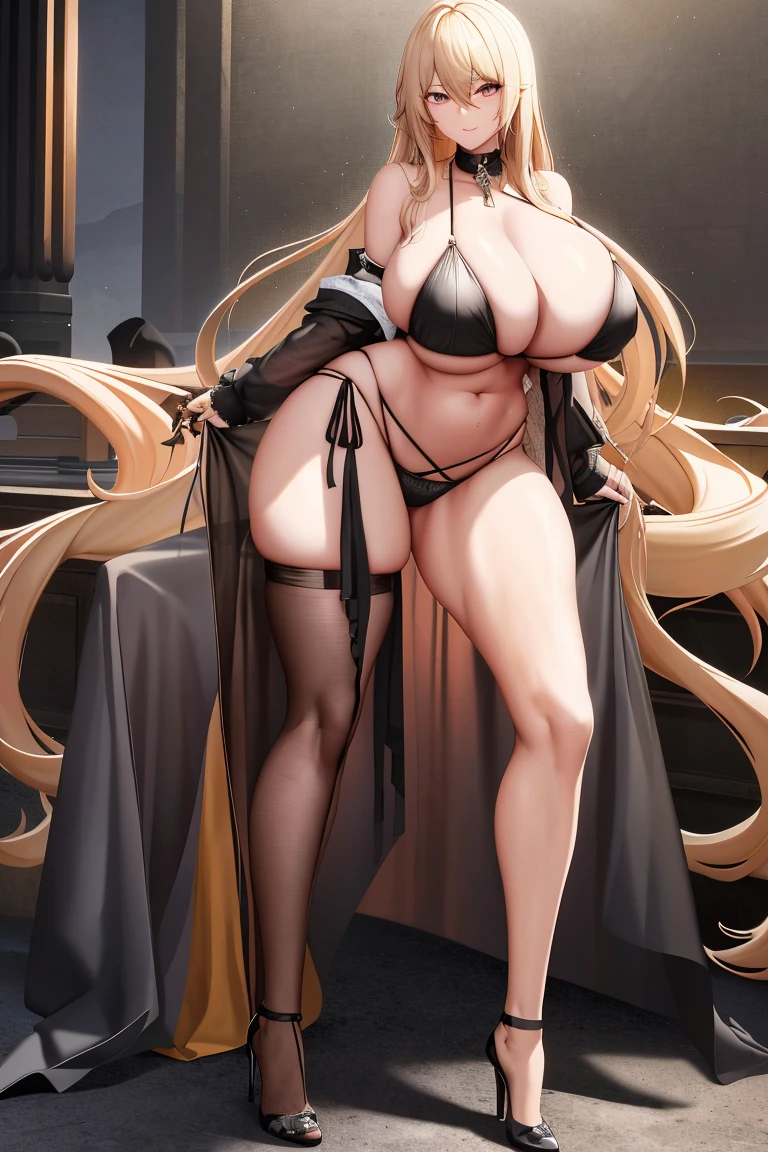 A woman,Long blond hair,Black eyes,Black collar,Wearing a black bikini,Long legs,Nipple protrusion,Twenties,exposed,Black high heels,Huge breasts,超级Huge breasts,Enchanting,Standing with nipples raised