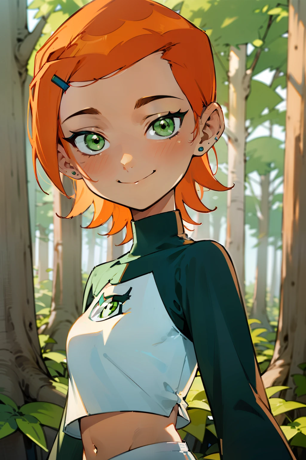 (Masterpiece), Best Quality, ultra-detailed, 1girl (Gwendolyn_Tennyson, beautiful face, breasts, orange hair, short hair, green eyes), detailed face, a charming face, smile, looking at viewer, solo, long sleeves, navel, belt, white pants, forest, walk, charming walking