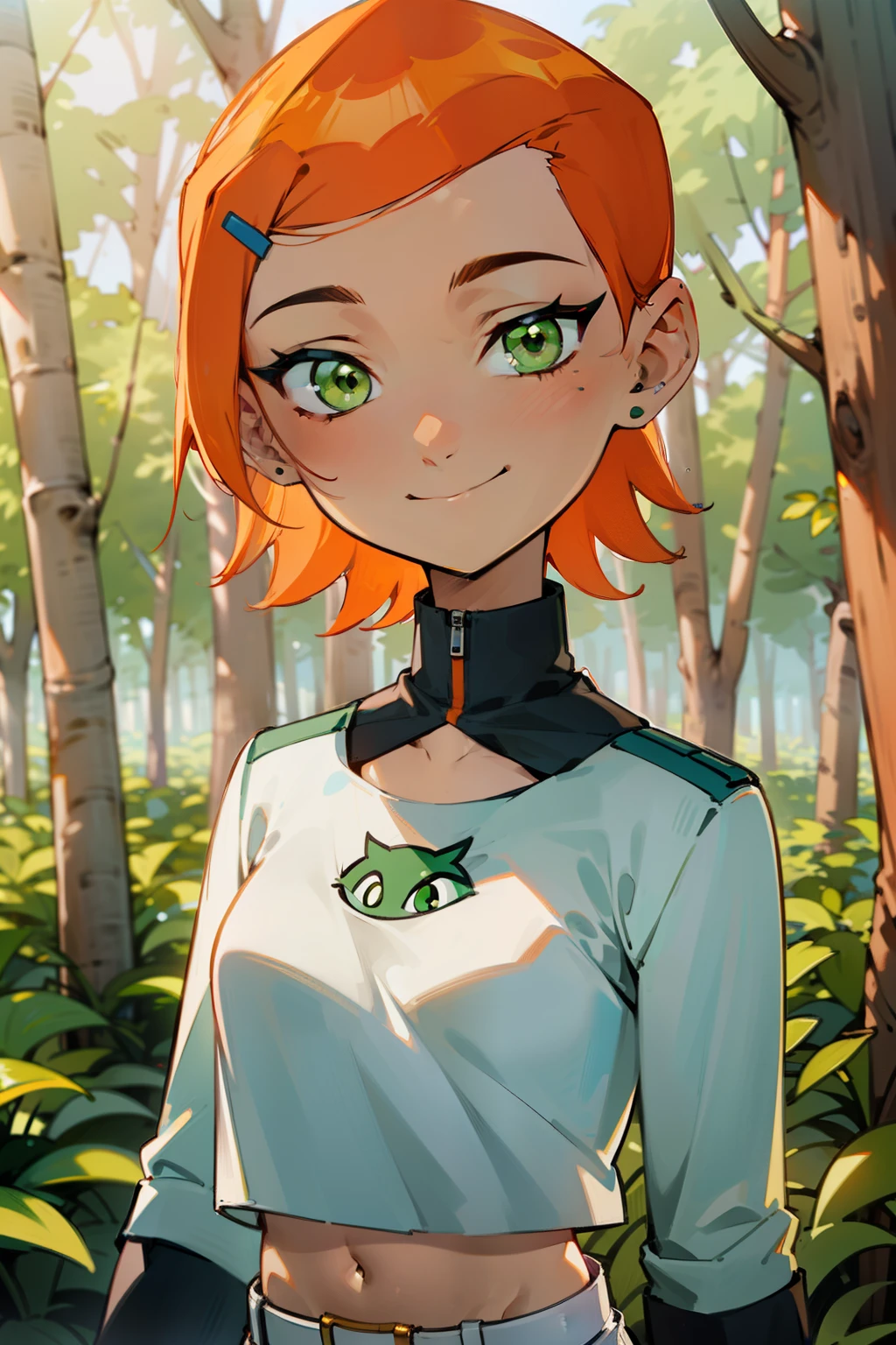 (Masterpiece), Best Quality, ultra-detailed, 1girl (Gwendolyn_Tennyson, beautiful face, breasts, orange hair, short hair, green eyes), detailed face, a charming face, smile, looking at viewer, solo, long sleeves, navel, belt, white pants, forest, walk, charming walking