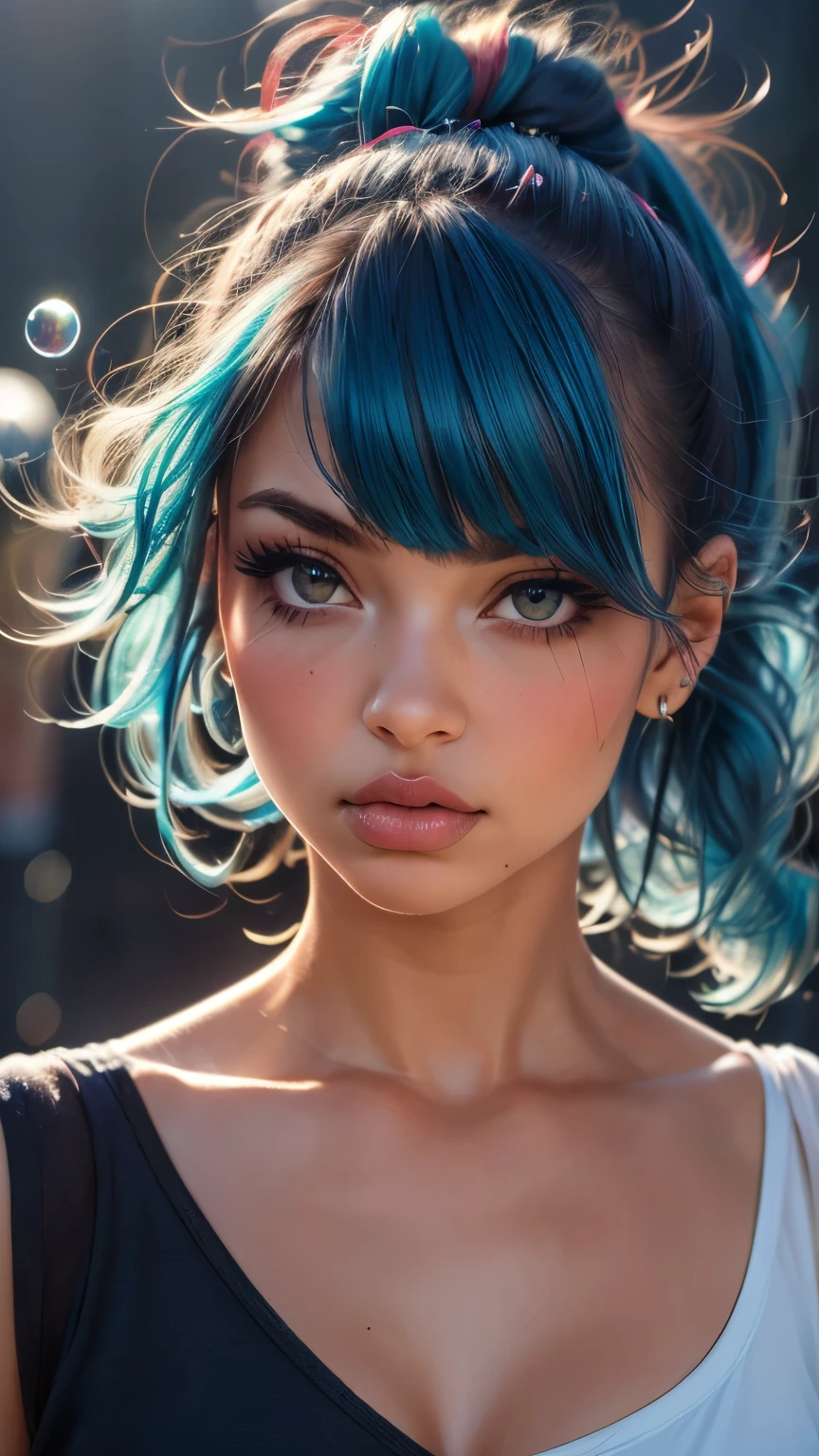 a girl standing, looking at the viewer, with messy hair, wearing fashionable clothes, (best quality,4k,8k,highres,masterpiece:1.2),ultra-detailed,(realistic,photorealistic,photo-realistic:1.37),floating,beautiful detailed eyes,beautiful detailed lips,extremely detailed eyes and face,longeyelashes,delicate beauty,high saturation,colorful splashes,colored bubbles,shining,focused on the face,ponytail,Ayaka Kamisato,light blue hair,bangs,hair halo,flowing hair,brilliant,best lighting,best shadow,full body,portrait