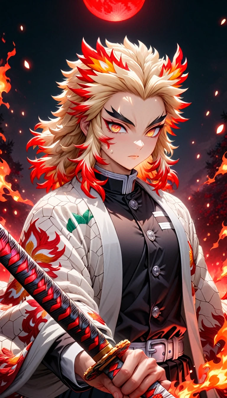 Super detailed, High resolution, Absurd, High resolution, masterpiece, Rengoku Kyojuro, Blonde, Expressive golden eyes, White Haori with a Flame Pattern, Black Demon Slayer uniform, Kimetsu no Yaiba, Fantasy, petal, Red flower, good looking, sexy man Grabbing a sword, alone, magic, shining red fireflies, Red Moon, Highest quality, Highly detailed face and eyes, fire, Grabbing a sword