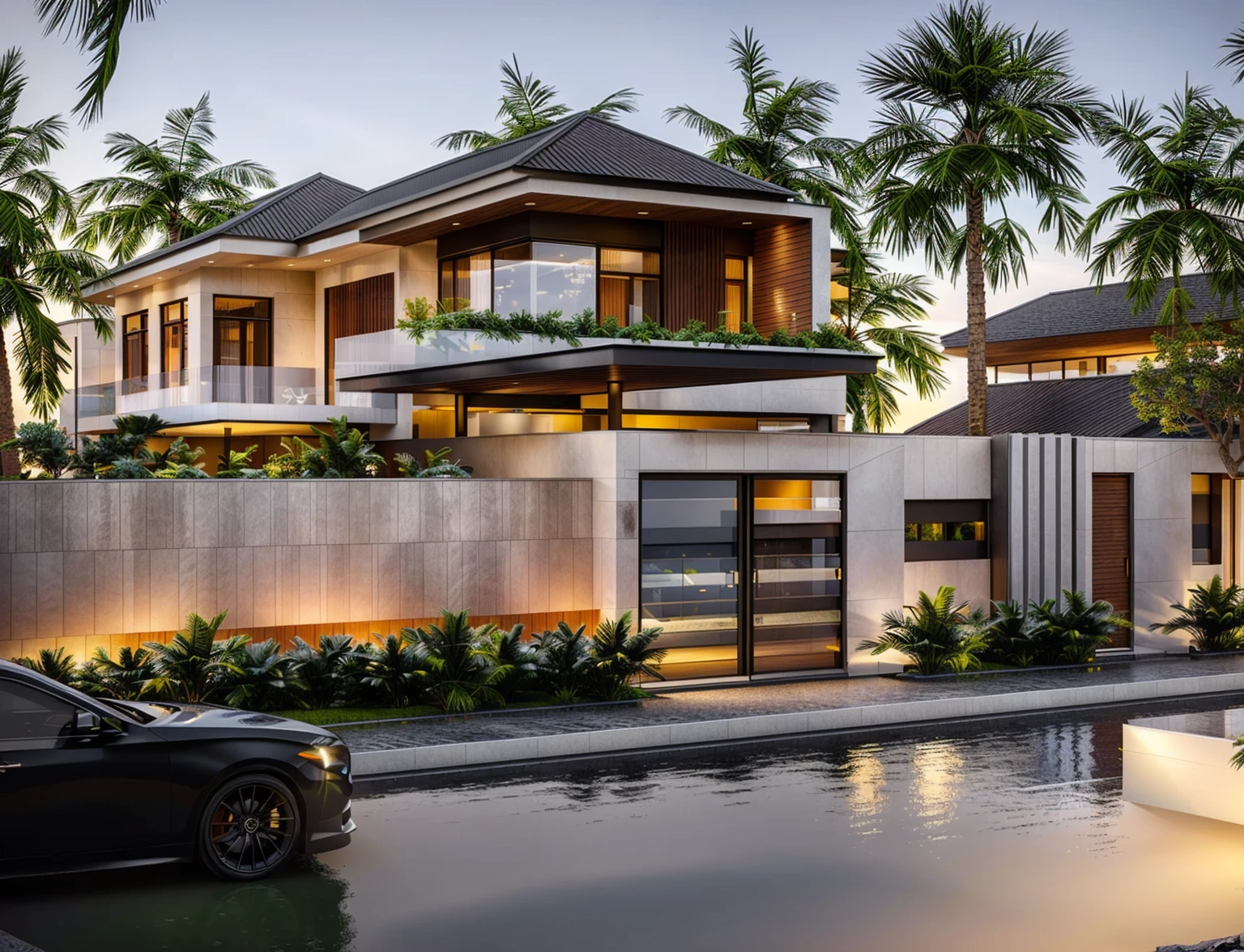 villa modern,night, Realistic, exterior, sunlight, house, RAW photo, 8k uhd, dslr, (high detailed skin:1.3), soft lighting, ultra quality, film grain, Fujifilm XT3, sharp image, best quality, authentic, hight quality,
