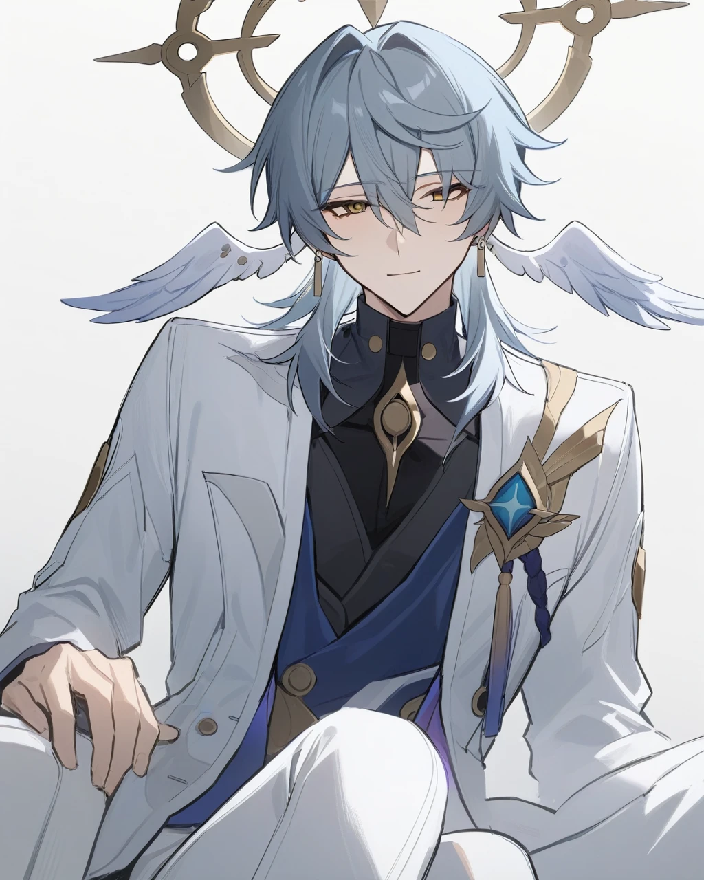 masterpiece,best quality,sunday_(honkai:_star_rail),pants,open_clothes,black_shirt,sitting,looking_at_viewer,closed_mouth,solo,shirt,head_wings,long_sleeves,jewelry,jacket,white_jacket,simple_background,wings,halo,white_background,1boy,male_focus,earrings,white_pants,