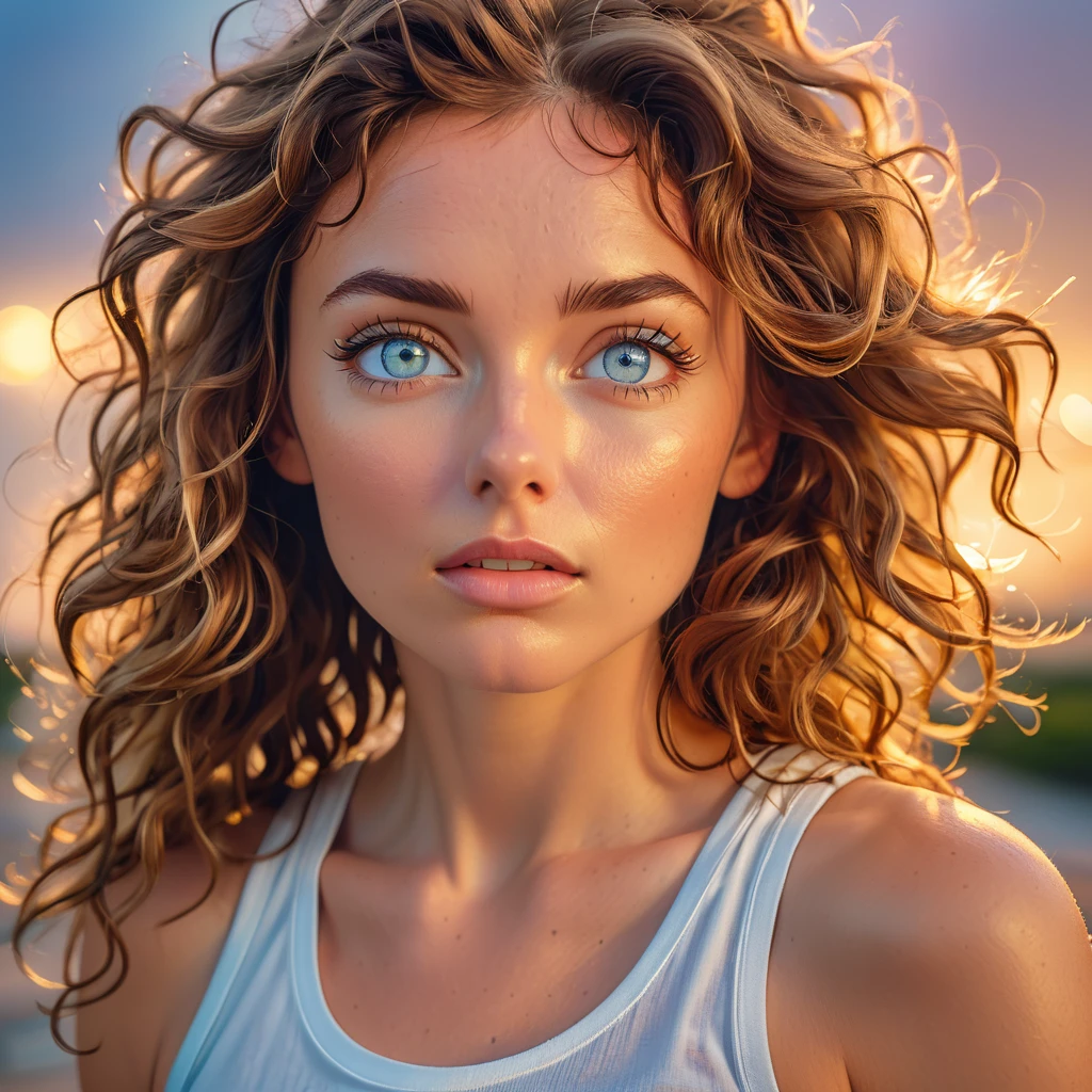 full head portrait with highly detailed eyes, highly detailed features, photographic 35mm shot, goddess & gorgeous, candid, expressive and mesmerizing eyes, golden hour, cinematic lightning, extreme realism , dimples, brown wavy hair, blue eyes, white tank top, sweat, pastel-colored background, HDR, 32k, hyper maximalism, sharp focus, photo raw