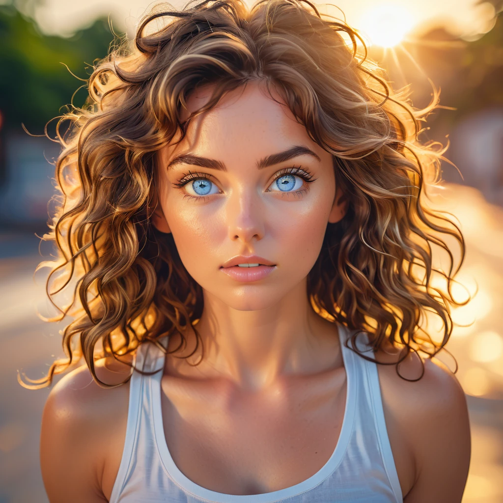 full head portrait with highly detailed eyes, highly detailed features, photographic 35mm shot, goddess & gorgeous, candid, expressive and mesmerizing eyes, golden hour, cinematic lightning, extreme realism , dimples, brown wavy hair, blue eyes, white tank top, sweat, pastel-colored background, HDR, 32k, hyper maximalism, sharp focus, photo raw