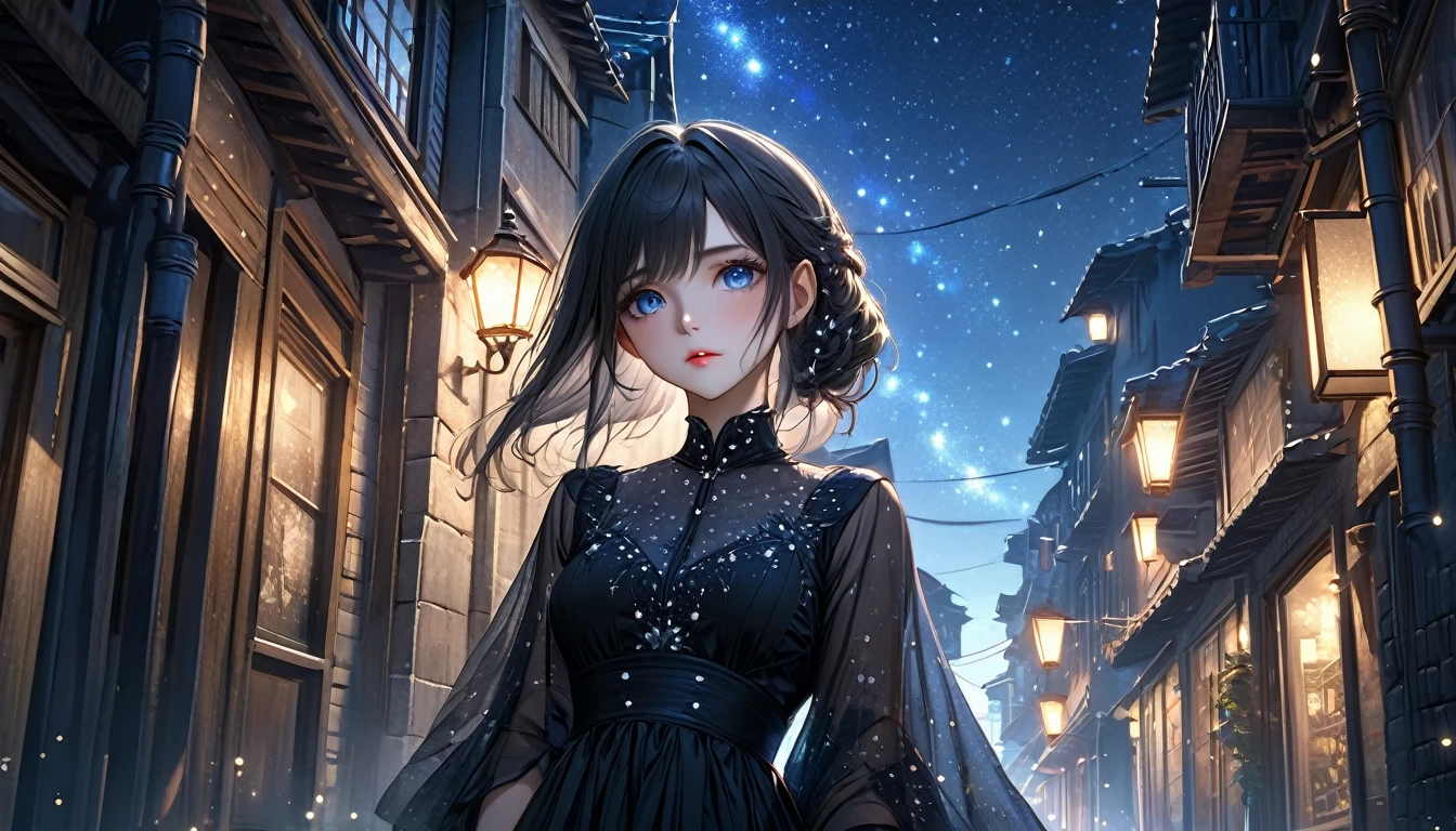 a dark alley under a starry night sky with small falling stars, western fantasy cityscape, anime, detailed night scene, beautiful detailed eyes, beautiful detailed lips, extremely detailed face and features, 1 girl, long intricate dress, dramatic lighting, glowing stars, moody colors, cinematic, (best quality,4k,8k,highres,masterpiece:1.2),ultra-detailed,(realistic,photorealistic,photo-realistic:1.37),digital painting,fantasy art ,long shot