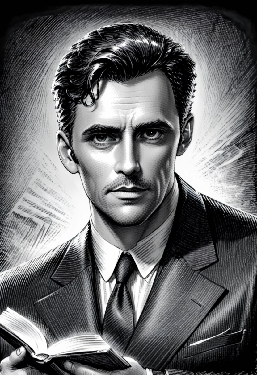 Sketch of Detective Inspector, featuring a man, captivating gaze, clutching a book, only upper body visible, subtle shading to suggest a chiseled jawline, heroic stature,mismatched pages, charcoal, noir style, story-packed eyes, under sharp overcast lighting,  sketchbook aesthetic, grayscale, soft texture, expressive line work, monochrome with hues of gray, pen-drawn detail,sk3tch,