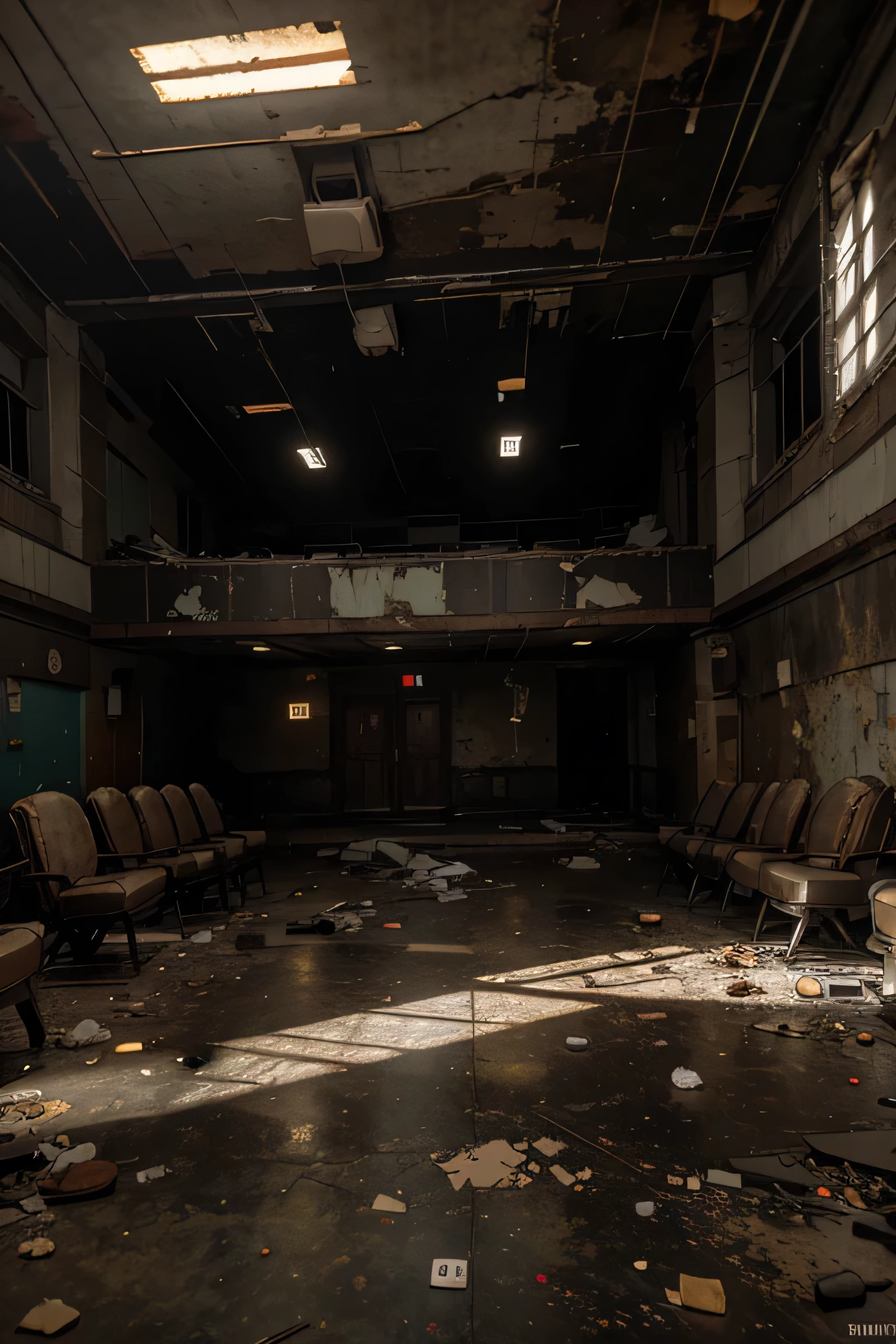 a dilapidated abandoned theater, cracked wall, dirty floor, fragment on the floor, broken theater, with theater chairs, cinematic lighting, dramatic shadows, grungy atmosphere, abandoned building, chiaroscuro lighting, dust motes, cobwebs, peeling paint, rust, decaying grandeur, eerie ambiance, moody tones, dramatic composition, wide angle lens, high contrast, weathered textures, cinematic quality, photorealistic, unreal engine, 8k, hyper detailed, brightness, dusty air