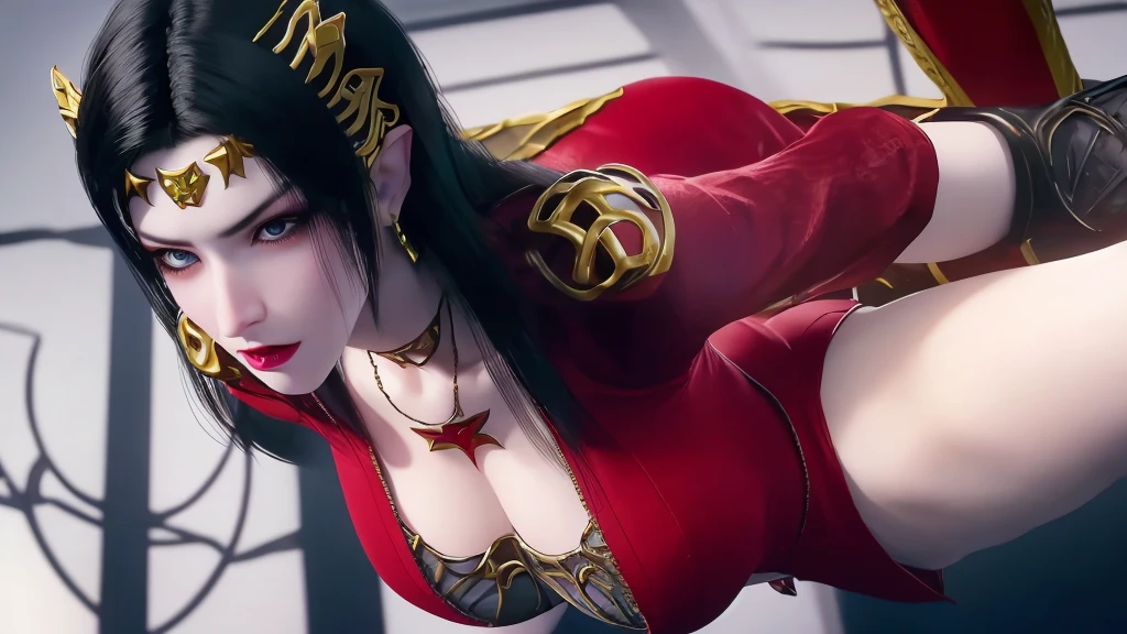 witch, wristband accessories, black long hair, elegant, huge boobs, big hips, long red dress, big neckline, fox ears, evil smile, demond girl, black manicure with gold, pony tail, long stockings, torn stockings, full body, purple and gold eyes, silver accesories, toe rings, night background, gold heels, red nails, red collar, demonic halo