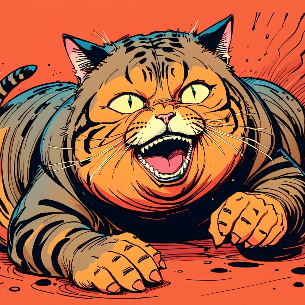 hyper maximal, strange, hyperrealism, rotoscope expressive ink bold line hand drawn, chonky, chonkiest tabby cat, extremely intensely chonky, spilling over in all directions, hefty, rotund, obese, large, rich color grading, cel shading, warm colors, unified colors, cinematic, absurd, making silly face, hilarity from facial expression