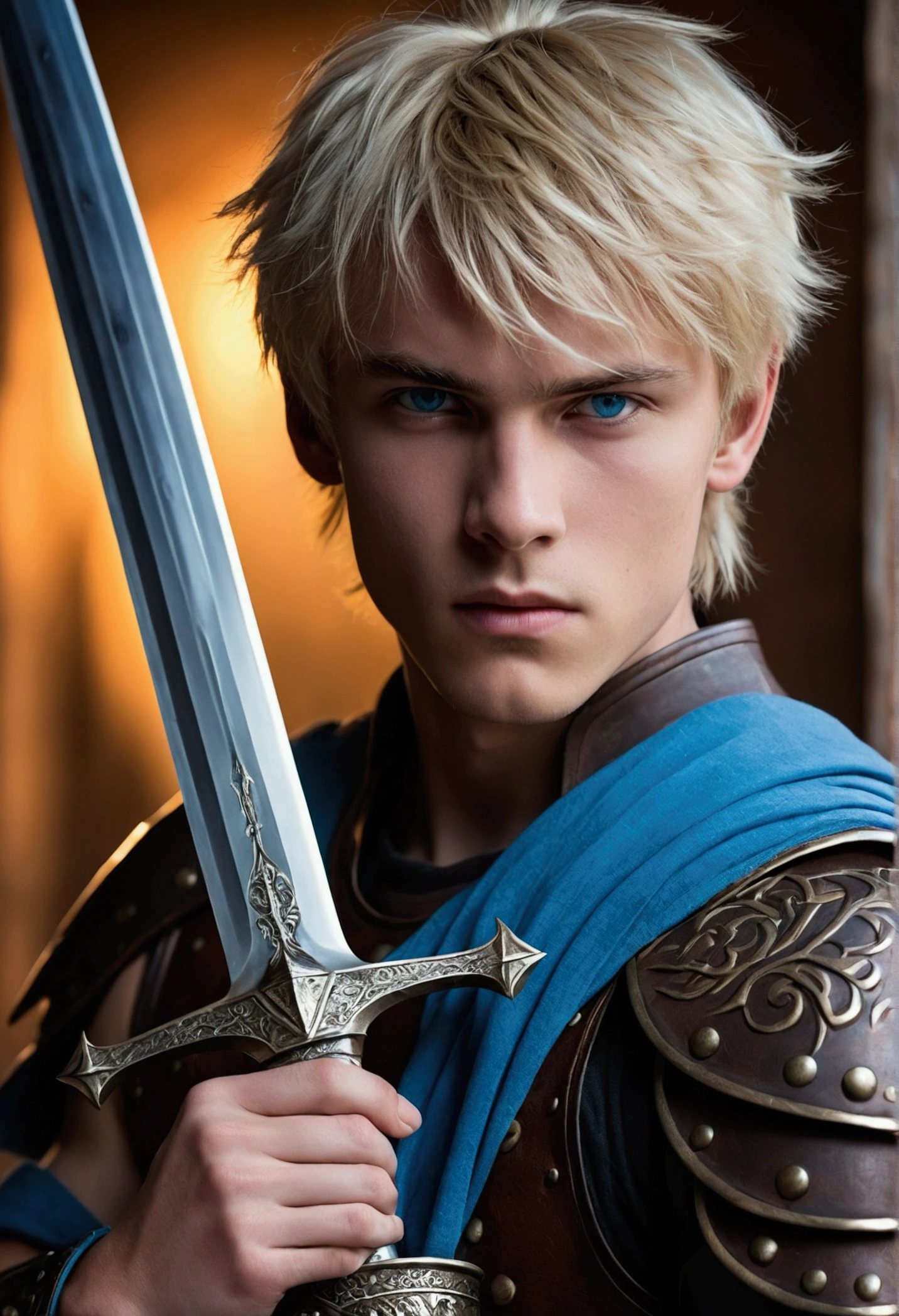 20 year old boy, blond with straight spiky hair with bangs, bright blue eyes, clothes
of medium brown color similar to leather armor, focus on the face with a challenging and threatening look, white skin, holding with the right hand close to the face a large and thick sword through the scabbard, the bright light blue blade with a mystical tone, ambient shadowy and dark behind the young man, with the light of the sword illuminating the boy's face with a bluish tone, focus on the young man's face with the blade close to his face