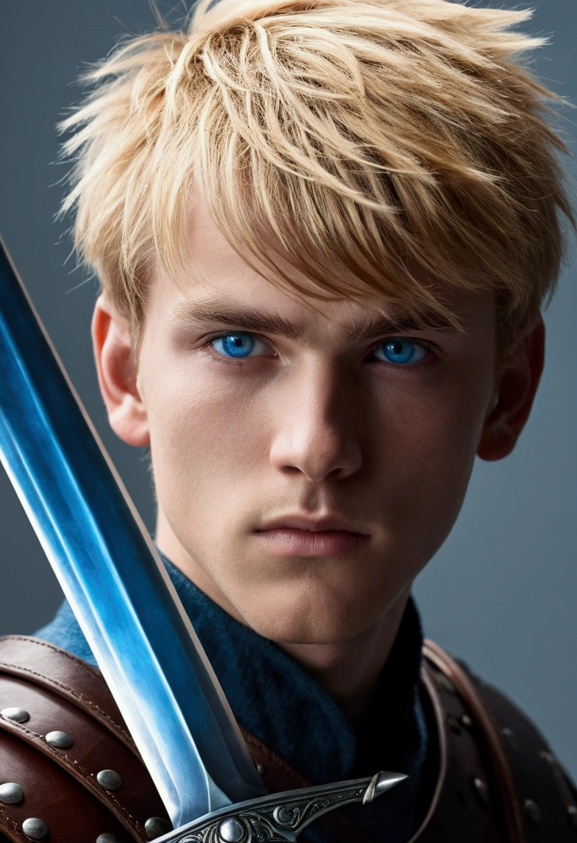 20 year old boy, blond with straight spiky hair with bangs, bright blue eyes, clothes 
 of medium brown color similar to leather armor, focus on the face with a challenging and threatening look, white skin, holding with the right hand close to the face a large and thick sword through the scabbard, the bright light blue blade with a mystical tone, ambient shadowy and dark behind the young man, with the light of the sword illuminating the boy's face with a bluish tone, focus on the young man's face with the blade close to his face