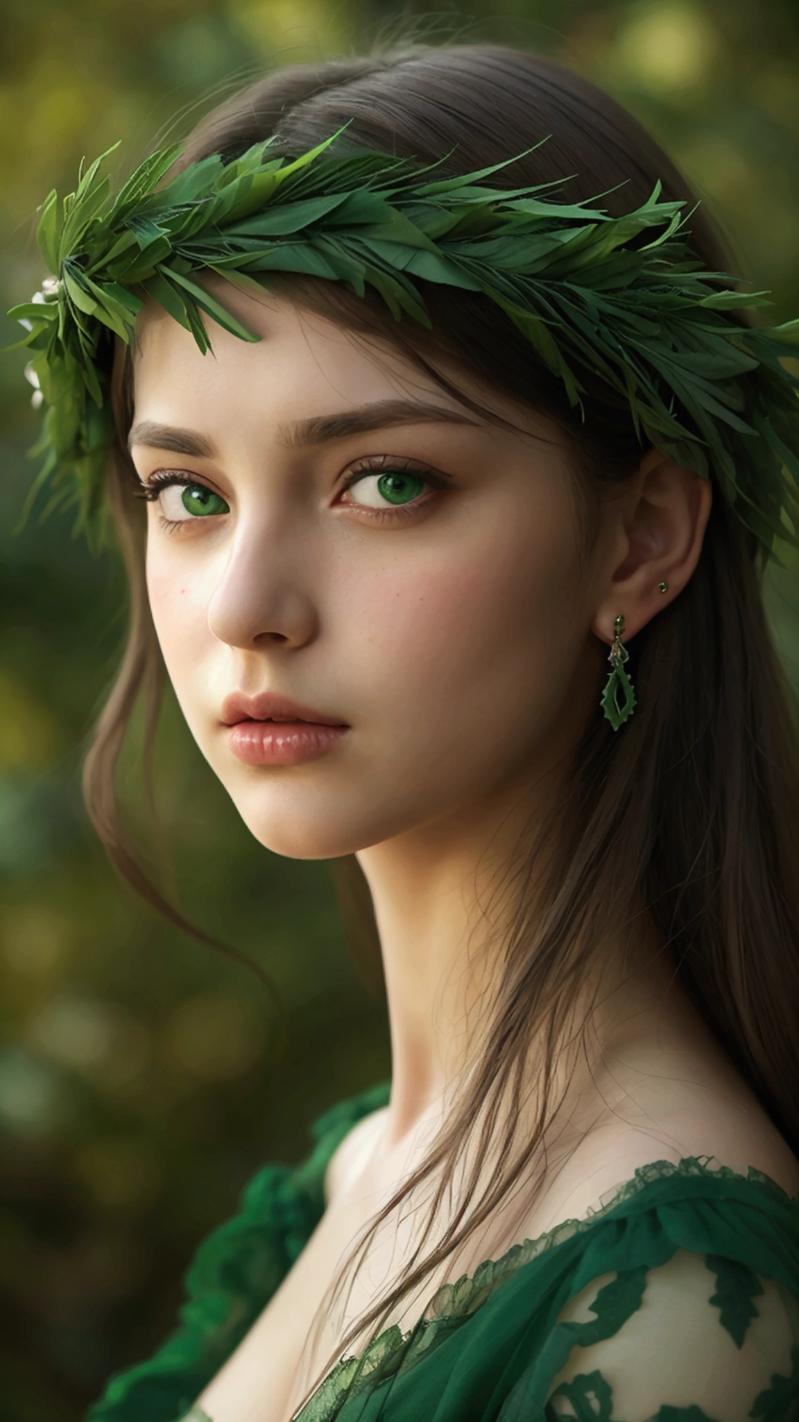 a girl.  face sent feeling.  Europe.  Oval face.  long face.  delicate facial features.  sad eyes.  seductively seductive.  green eyes.  long straight hair.  green hair.  sulky expression.  wreath on head.  earring.  big breasts.  big thighs.  green silk nightgown.  straight face.  shy.  sexy standing pose.  outdoor