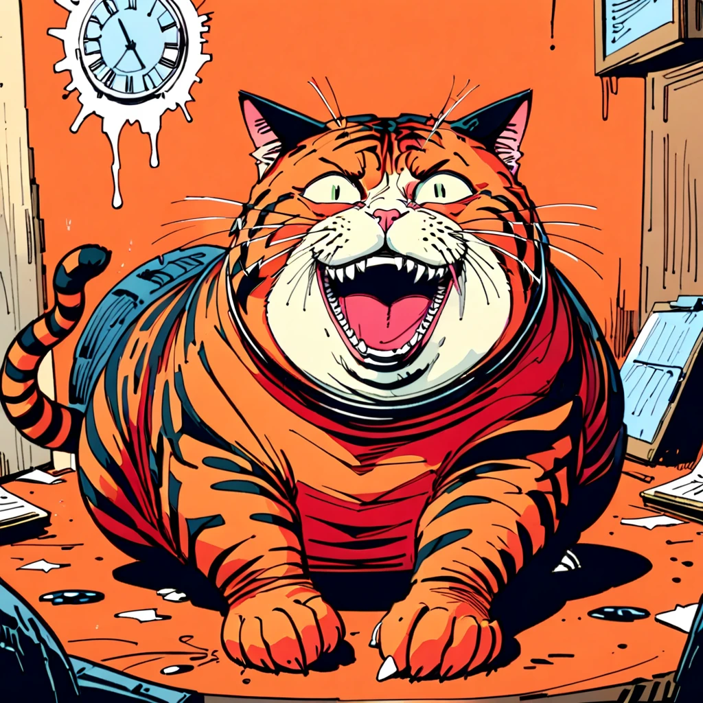 hyper maximal, strange, hyperrealism, rotoscope expressive ink bold line hand drawn, chonky, chonkiest tabby cat, extremely intensely chonky, spilling over in all directions, hefty, rotund, obese, large, rich color grading, cel shading, warm colors, unified colors, cinematic, absurd, making silly face, hilarity from facial expression