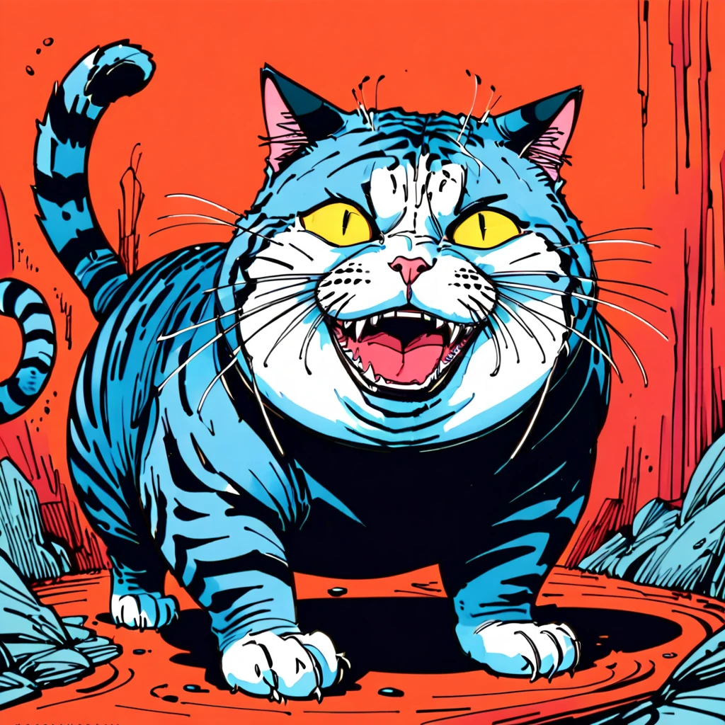 hyper maximal, strange, hyperrealism, rotoscope expressive ink bold line hand drawn, chonky, chonkiest tabby cat, extremely intensely chonky, spilling over in all directions, hefty, rotund, obese, large, rich color grading, cel shading, warm colors, unified colors, cinematic, absurd, making silly face, hilarity from facial expression