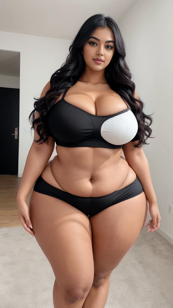 Radhika marchent Indian beautiful woman curvy plus size hour glass bulky huge figure woman, closeup camera view, big huge m-cup breast, wearing SHEIN Teen Girl Letter Graphic Cami Top & Shorts & Mesh Top Color: Multicolor , covered Bust , elegant standing position, eye contact view, different style hairstyle, bright eyes, thin eyebrows, fair skin, blushing cheeks, prefect head to toe view, full body, ideal for high-fashion or editorial shoots, ultra realistic skin texture, head to toe view, full body shot, full body view, smile face, black hair, Indian face, perfect skin tone light, ultra realistic skin texture, bigger waist, busty, big hips, fleshy thighs, thick thighs, busty, full body view, Modern Art Museum: Sleek, contemporary architecture and art pieces.