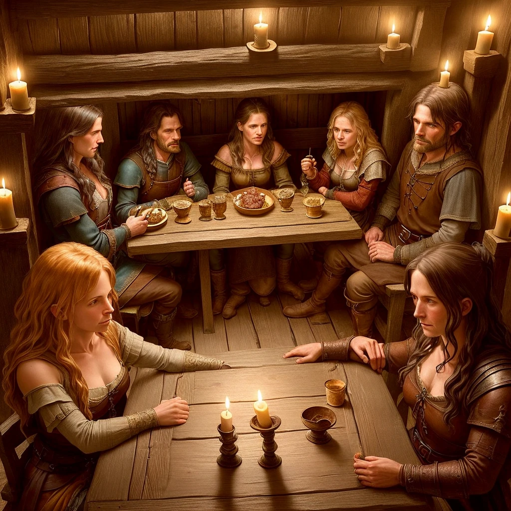 a tavern filled with adventurers, intricate interior details, candlelight, cozy atmosphere, medieval fantasy, warm tones, chiaroscuro lighting, rich textures, detailed wood paneling, worn leather furnishings, glowing fireplace, group of adventurers gathered around a table, dramatic lighting and shadows, atmospheric tavern scene, highly detailed, masterpiece, 8k, photorealistic