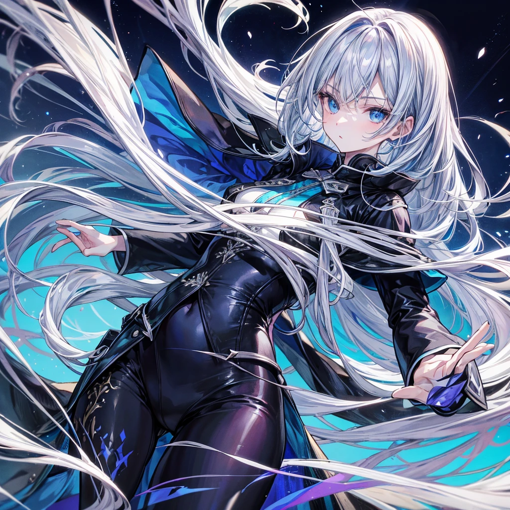 Grown-up guy, pearlescent hair, blue eyes, dark clothes.