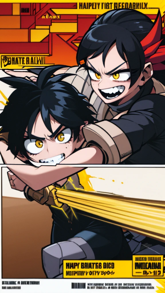 Woman, short black hair, yellow eyes, perfect body, very beautiful,In a military-style superhero costume fighting a villain With a crazy face but happy to be fighting full of blood Boku no hero academy,