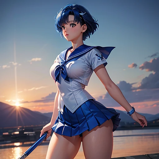 (masterpiece), (Highest quality),Cinematic Light, Mizuno Ami, Sailor Mercury, stand, Battlefield Background, Perfect body, Blue Hair, Uniform Huge penis Huge Onahole