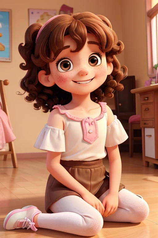 a photo of dodora carinss, a 7  girl, happy and smiling, white with freckles, with shoulder-length brown curly hair, brown eyes, pink blouse, black pants, white sneakers, sitting on the floor and with a teddy bear in one hand