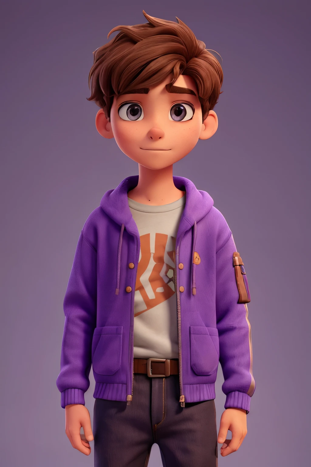 14 year old boy, brownhair, eyes browns, uses purple braces, wear loose clothes, and a sweatshirt with a blue zipper, use your eyes,