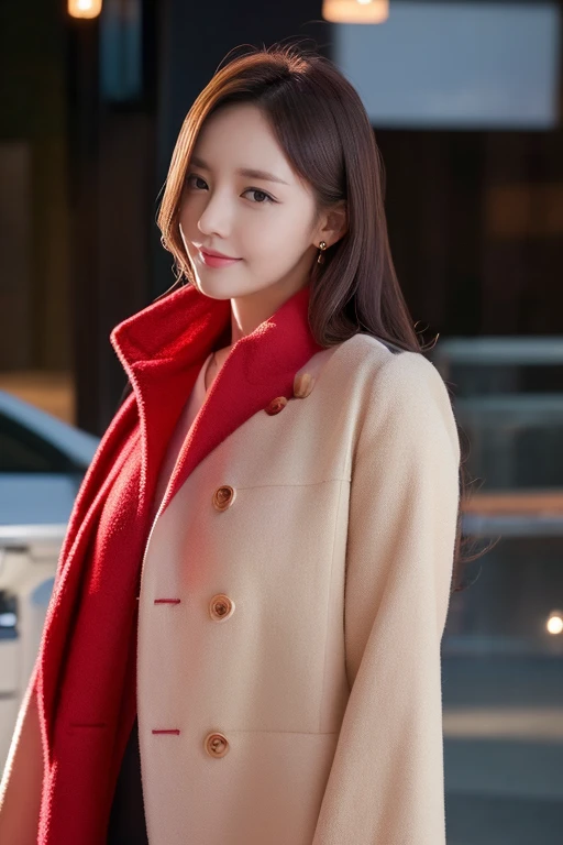 1 Girl, (Wearing a red coat:1.2), (RAW photos, best quality), (Practical, Photorealistic:1.4), masterpiece, Extremely refined, Extremely detailed, 2k wallpapers, Astonishing,Fine details, Extremely detailed CG unity 8k wallpaper, Extremely detailed, high resolution, Soft Light, Beautiful and delicate girl, Extremely detailed的眼睛和脸部, Beautiful and delicate nose, Beautiful and delicate eyes, light, Winter night scene, illumination, Perfect anatomical structure, slim body, Smile,((winter)),