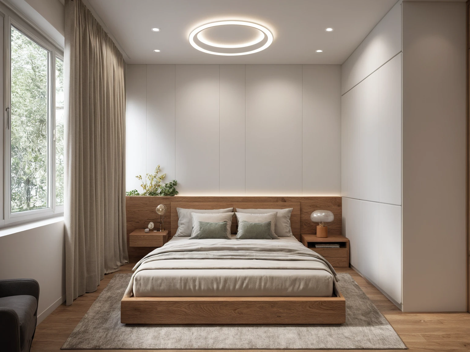 Interior Design, (modern interior space), (modern furniture design), (space that realistically describes the modern interior of a townhouse), (soft warm led light), (circle spotlight), (indoor), (neutral white tone color), (white wall), (An Cuong Wooden Furniture minimalist Style), (An Cuong wood with MDF surface glued with melamine coating), (architectural design visualization), (reflection), (focus on object), (material normal bump real reflection), (multi-level reflection), (chao vantage software visualization render),(((Best Quality))), ((Masterpiece)), ((best illustration)), ((best shadows)), (( Super Detail)), (Intricate lines), (Photorealism),(hyper detail), ((archdaily)), ((award winning design)), (dynamic light), ((spotlight)), (perfect light), ( shimering light), ((photorealistic)), ((intricate detail)), ((extreme detail)), ((crazy detail)), ((octane render)), ((trending on artstation)), ((High- fidelity)), ((Viwvid)), ((Crisp)), ((Bright)), ((Stunning)), ((Eye-catching)), ((High-quality)),((Sharp)), ((day sun environment)), ((Illuminating)), ((Flawless)), ((High-quality)),((Sharp edge render)), ((medium soft lighting)), ((photographic render)) , ((detailed archviz)), ((reality environment))