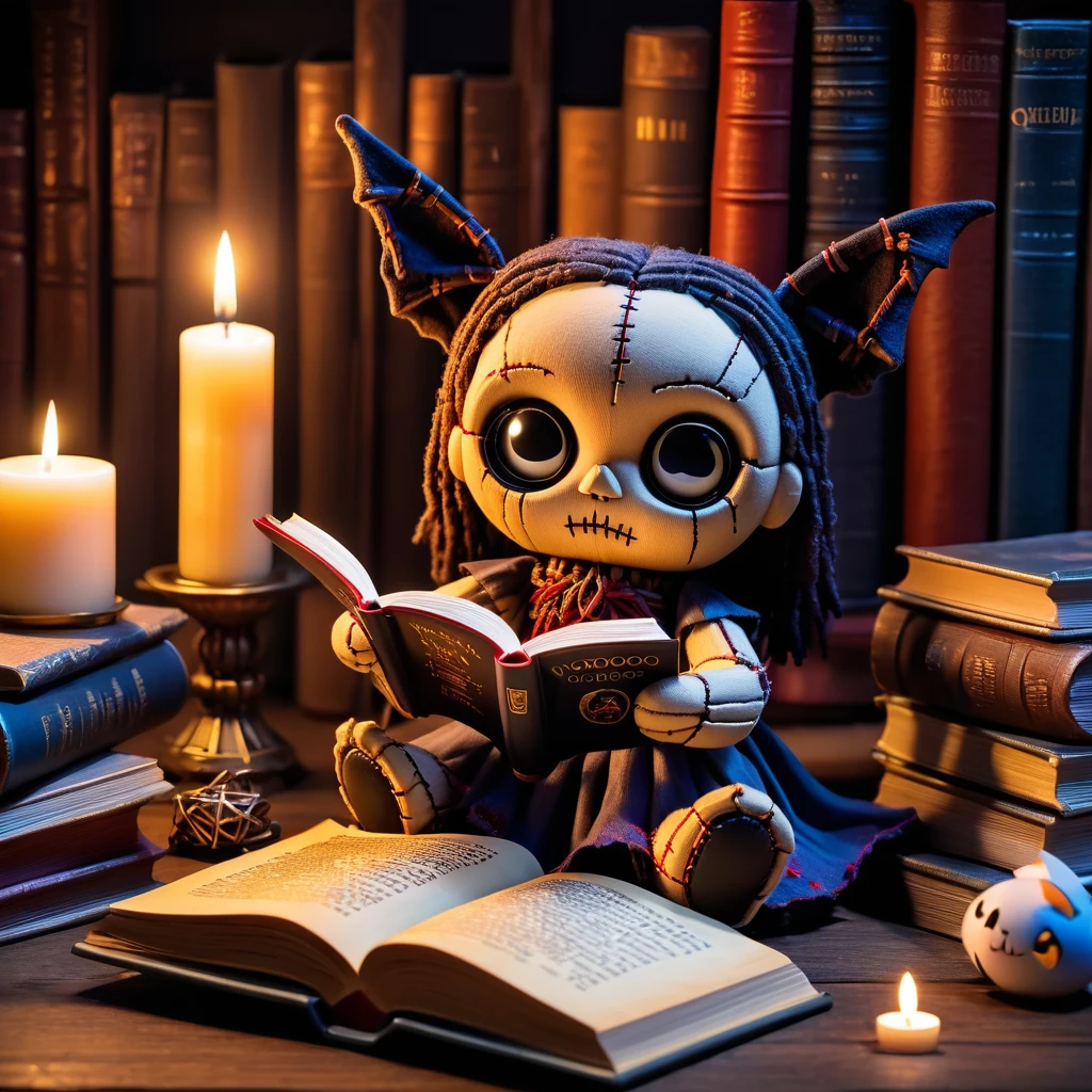 (knitted toy voodoo doll:1.7), (Voodoo Bat Reading a Book:1.3), (Clothing: cozy nightgown with bat patterns:1.0), (Accessories: glowing book, mystical reading glasses:1.2), (background: moonlit library with flying books and floating candles:1.2), best quality, masterpiece, detailed soft oil painting, detailed background, dramatic cinematic lighting, soft edge lighting, professional, dramatic lighting, hard edge lighting, ultra quality, 4k,masterpiece, best quality, 8k, ultra highres, highres, extremely detailed