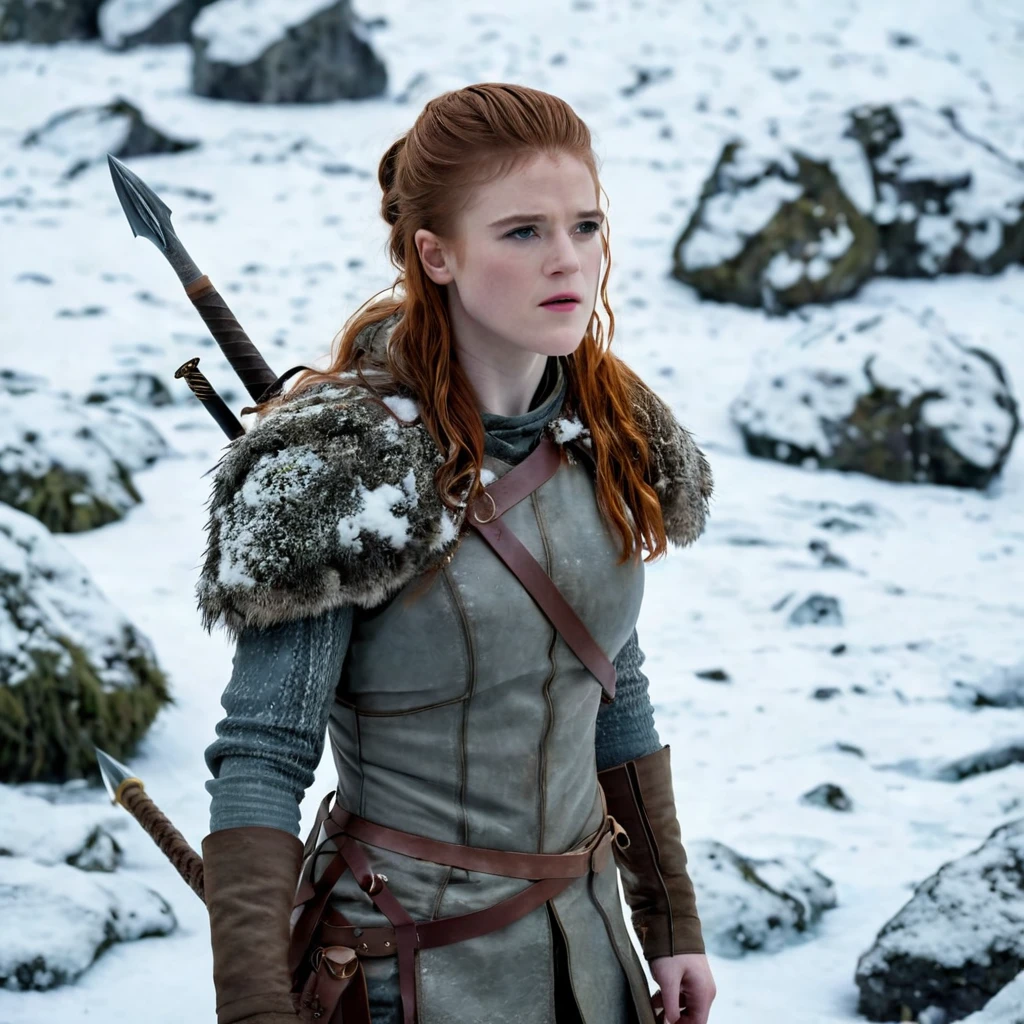 (best quality,highres),(realistic:1.37),(full body shot),(beautiful,detailed,expressive), (ohwx woman) Rose Leslie as Ygritte from Game of Thrones, Surrounded by the harsh and wild nature of the northern countries covered with snow and ice .