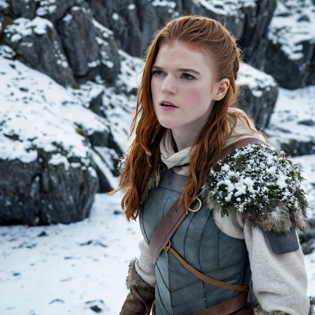 (best quality,highres),(realistic:1.37),(full body shot),(beautiful,detailed,expressive), (ohwx woman) Rose Leslie as Ygritte from Game of Thrones, Surrounded by the harsh and wild nature of the northern countries covered with snow and ice .