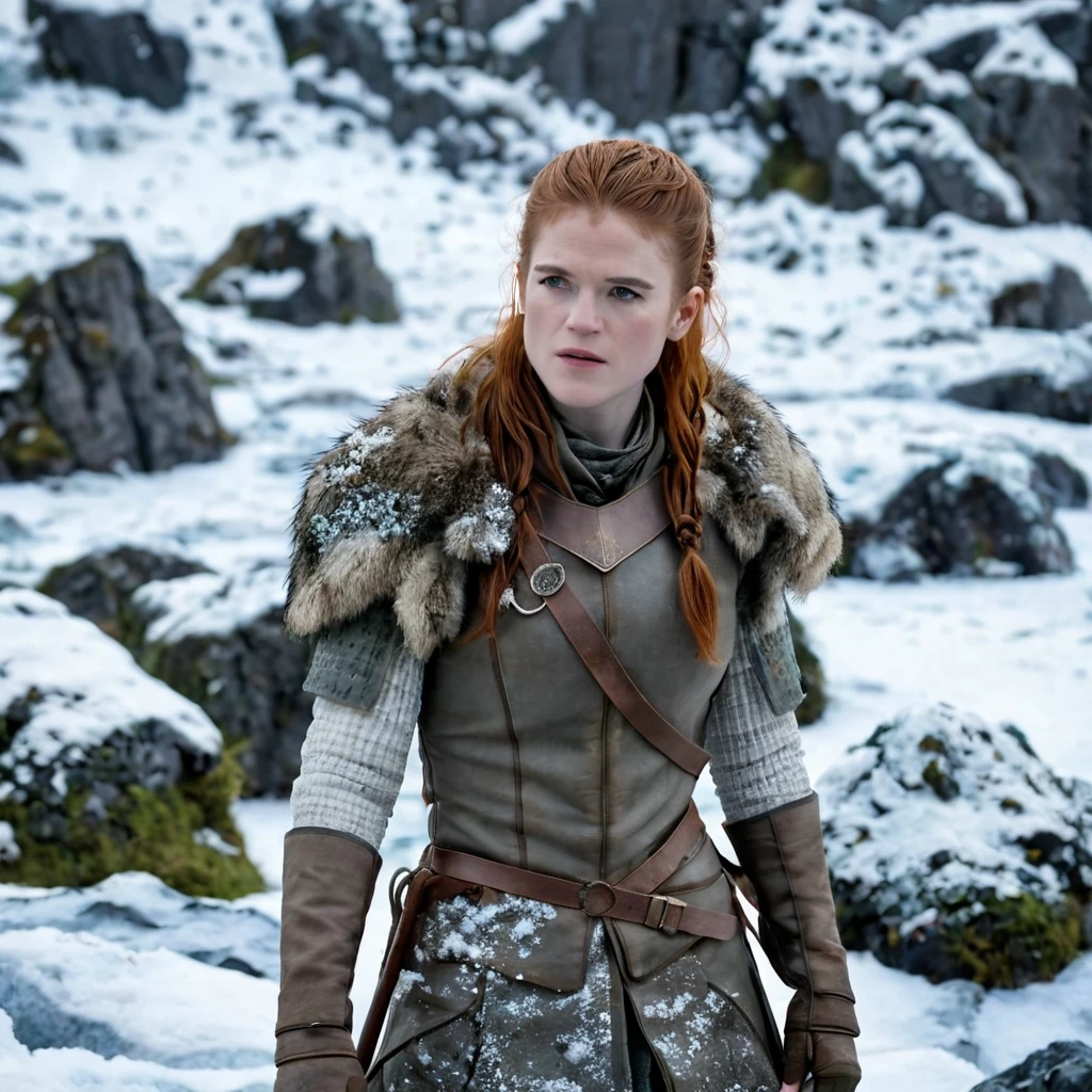 (best quality,highres),(realistic:1.37),(full body shot),(beautiful,detailed,expressive), (ohwx woman) Rose Leslie as Ygritte from Game of Thrones, Surrounded by the harsh and wild nature of the northern countries covered with snow and ice .