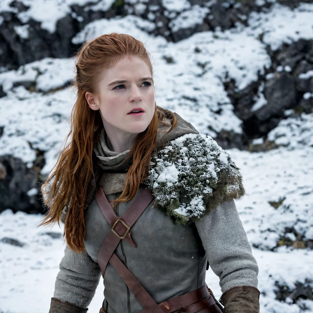 (best quality,highres),(realistic:1.37),(full body shot),(beautiful,detailed,expressive), (ohwx woman) Rose Leslie as Ygritte from Game of Thrones, Surrounded by the harsh and wild nature of the northern countries covered with snow and ice .