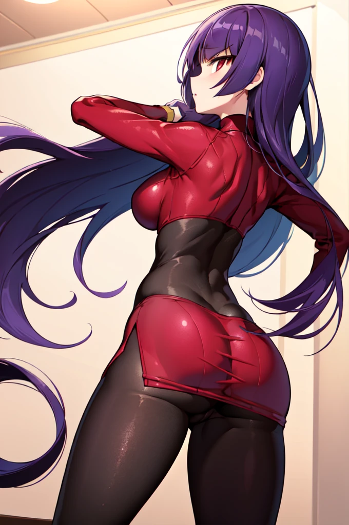 (masterpiece, best quality:1.2), 1girl, solo, sabrina, pokemon, long hair, purple hair, blunt bangs, red eyes, red sweater dress,(white gloves:1.2), black sash, (black leggings:1.1), (bodysuit:1.1), pantyhose, large breasts, knee boots,panties under pantyhose, glaring,back shot