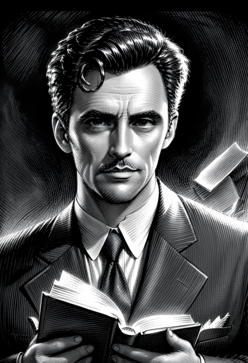 Sketch of Detective Inspector, featuring a man, captivating gaze, clutching a book, only upper body visible, subtle shading to suggest a chiseled jawline, heroic stature,mismatched pages, charcoal, noir style, story-packed eyes, under sharp overcast lighting,  sketchbook aesthetic, grayscale, soft texture, expressive line work, monochrome with hues of gray, pen-drawn detail,sk3tch,