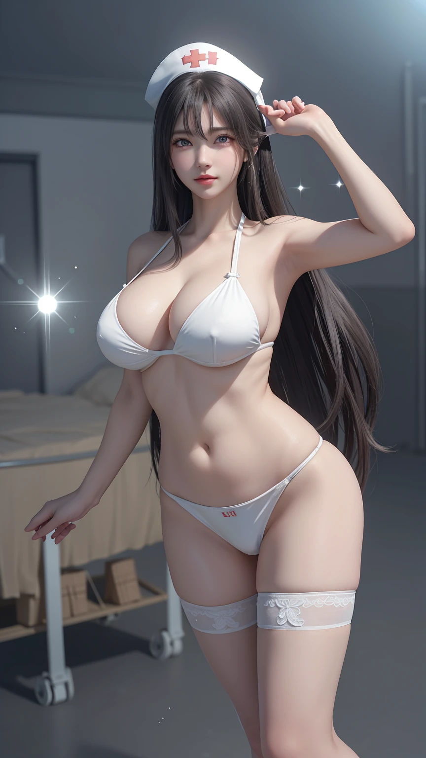 ((Huge breasts)),(((White bikini,Nurse hat,stocking))),full-body shot,((masterpiece, 最high quality, Photorealistic and Very detailed CG integrated 8k wallpaper, high quality, Very detailed, Narrative Poems, Particle Effects, dynamic effect, Writing border depth, light, lens flare, Ray Tracing, Anatomically accurate)), fantasy, 1 beautiful woman, (((Hospital))), Clear eyes, Long hair, Pretty Face, serious, 緻密でbeautiful eyes, ((Long hairがwindでなびく, Long hairが跳ねる, Long hairがwindで踊る)), hair jump, Jewelry, beautiful eyes, Silver earrings, wind, Peaceful and beautiful