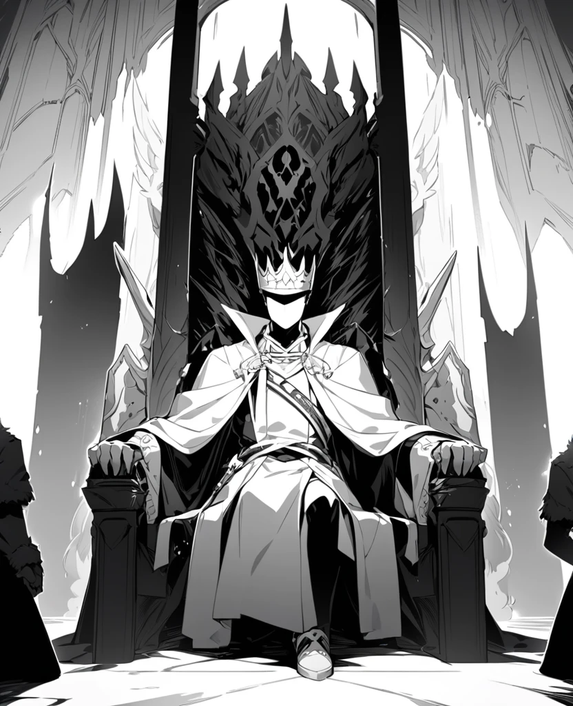 Faceless king, in a throne, with a sword, black and white art