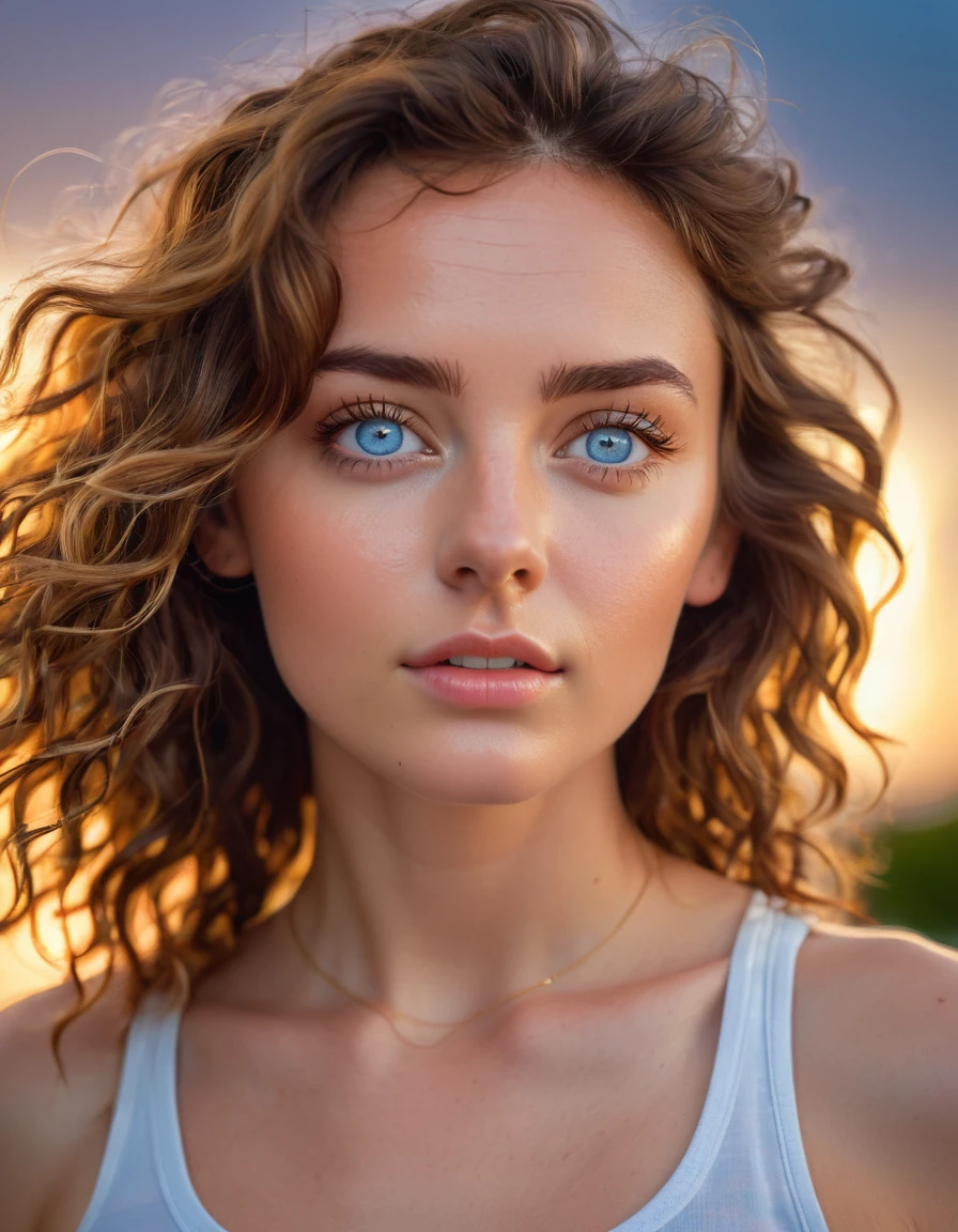 full head portrait with highly detailed eyes, highly detailed features, photographic 35mm shot, goddess & gorgeous, candid girl, expressive and mesmerizing eyes, golden hour, cinematic lightning, extreme realism , dimples, brown wavy hair, blue eyes, white tank top, sweat, pastel-colored background, HDR, 32k, hyper maximalism, sharp focus,photo raw