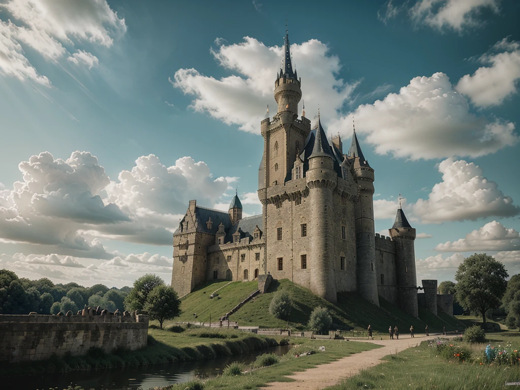 a medieval castle, intricate stone architecture, towering turrets, moat surrounding the castle, drawbridge, knights on horses, flag flying atop the tallest tower, lush green landscape, dramatic cloudy sky, cinematic lighting, highly detailed, cinematic, photorealistic