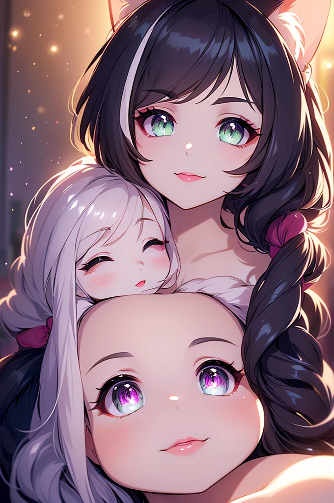 a mother cat girl with her  daughter hugging, mother with huge breasts, daughter with short bob haircut, nude, smiling, beautiful detailed eyes, beautiful detailed lips, extremely detailed eyes and face, long eyelashes, photorealistic, highly detailed, 8k, masterpiece, cinematic lighting, dramatic lighting, vibrant colors, warm color palette, mother using lipstick, daughter is a small
