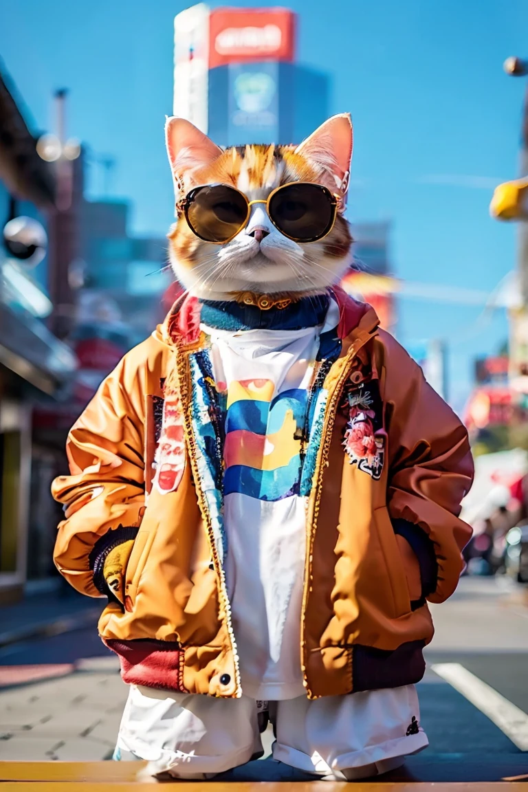 Perfect centering, Cute cat, Wearing a jacket, Wear sunglasses, Wear headphones, acceptable, Standing position, Abstract Beauty, Centered, Looking into the camera, To the camera, Approaching perfection, dynamic, Very detailed, Silky, Sharp focus, 8k、Red Sunglasses、Eating takoyaki