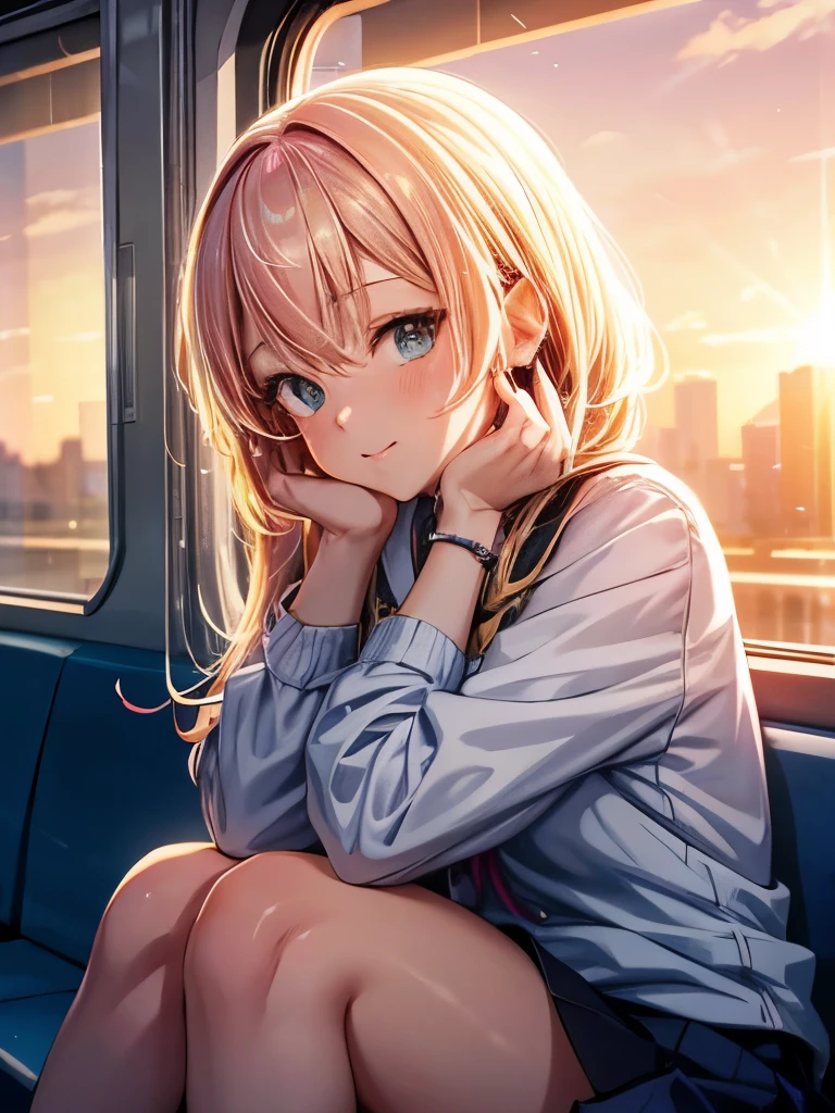 Anime girl sitting on a train looking out the window, Beautiful anime portraits, Portrait of Rofi at a window, Beautiful Anime Girls, Portrait of Rofi, Lo-fi Girl, Anime Girl Portrait, Gweiz-style artwork, High-quality portraits, As the sun sets, Attractive anime girl, Cute Anime Girl, Realistic cute girl drawing, Anime Style. 8k  